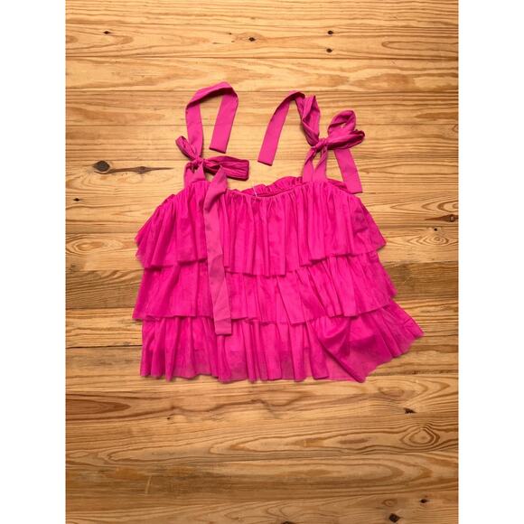 Entro Hot Pink Tiered Ruffle Tank Top Tulle Ribbon Straps Women’s Size Medium - Picture 7 of 10